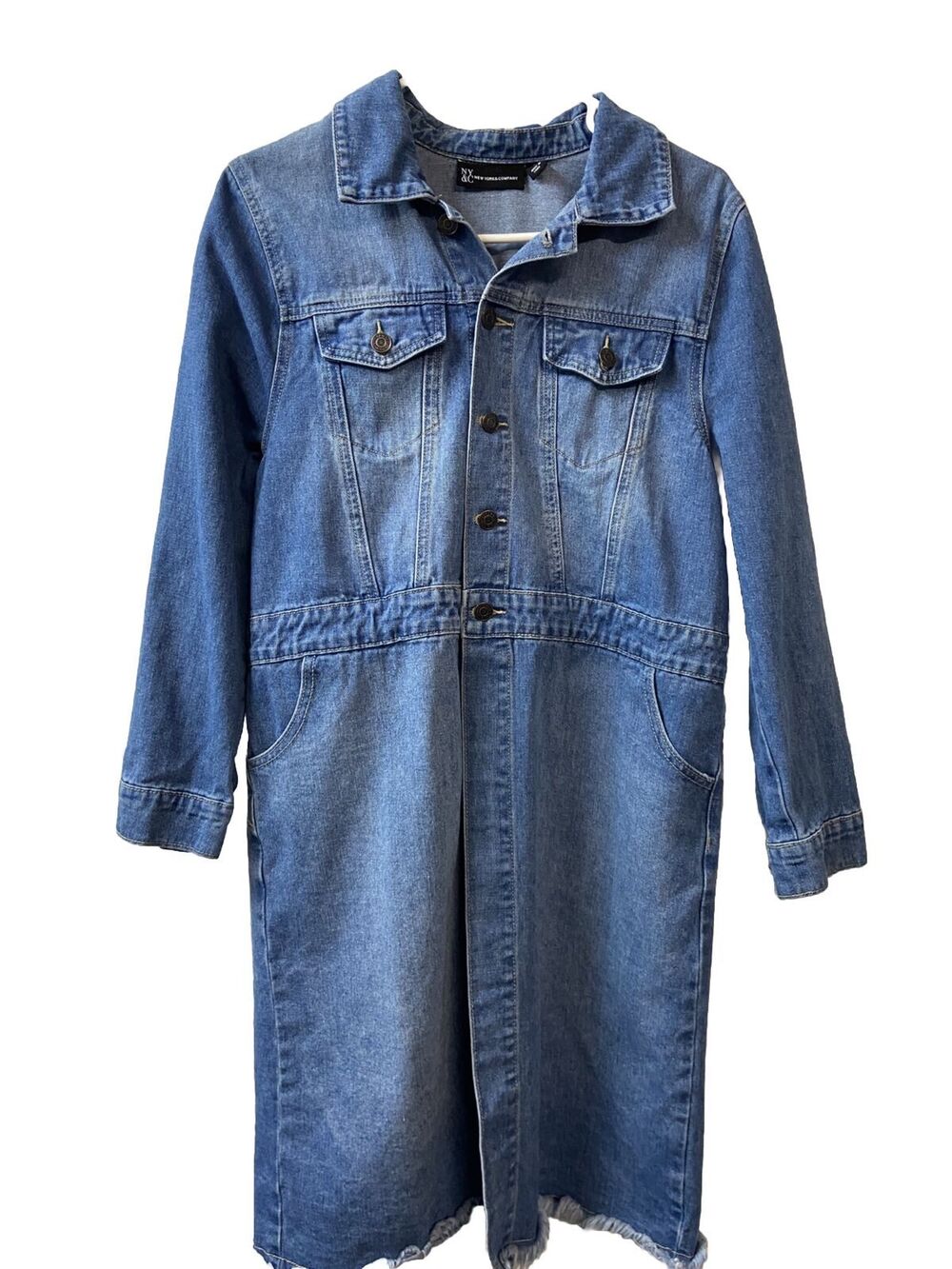 New York and Company Womens Small Denim Raw Hem Jean Coat 3/4 Sleeve Duster